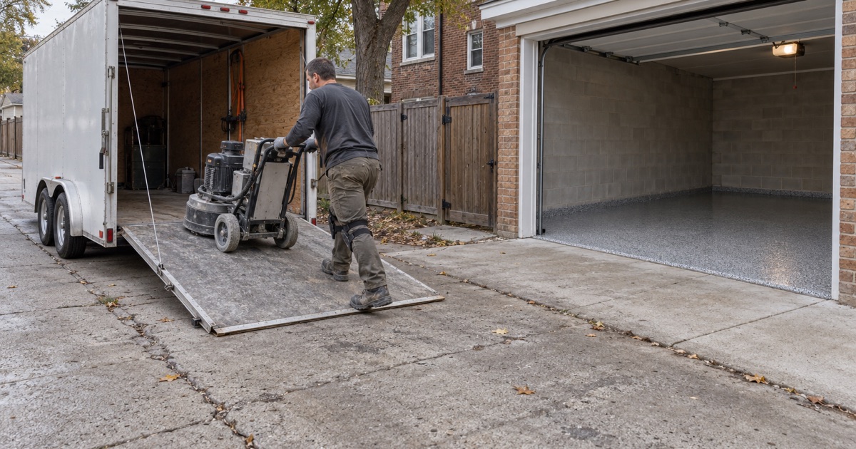 The grinder wheeled up a ramp into an enclosed trailer in a Cicero alley at the end of a garage floor job.