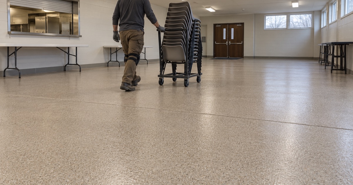 Stacked chairs rolled across a new quartz broadcast floor in a church fellowship hall in Cicero.