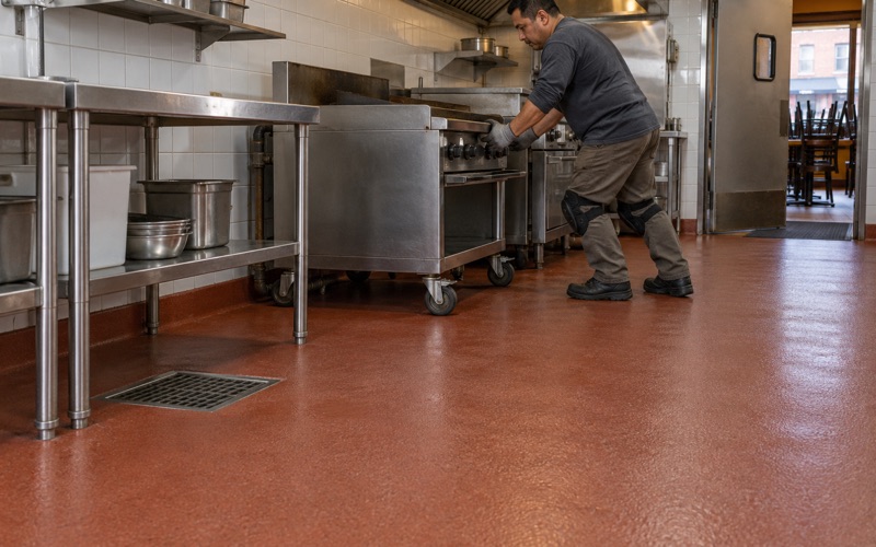 A griddle stand rolled back onto a textured urethane cement floor in a Cicero taqueria kitchen.