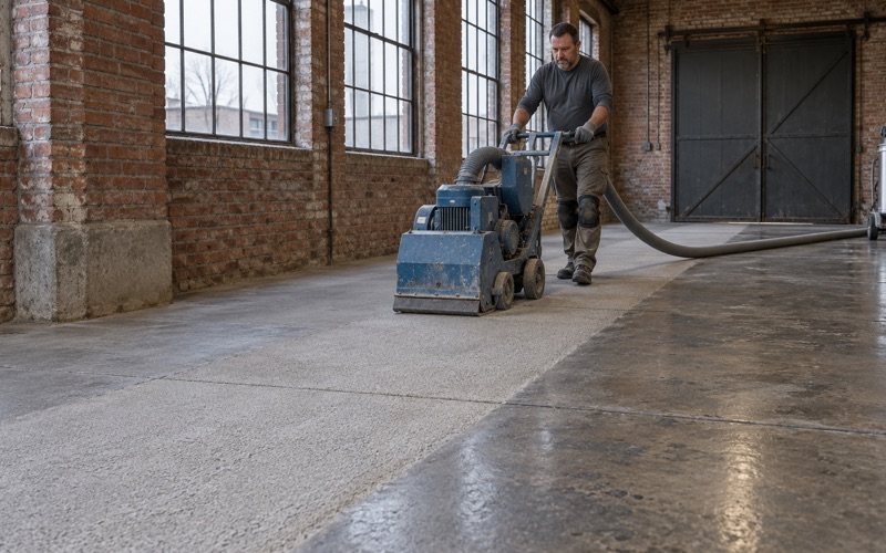 A walk-behind shot blaster opening up an old factory slab in Cicero, a clean blasted lane left behind it.