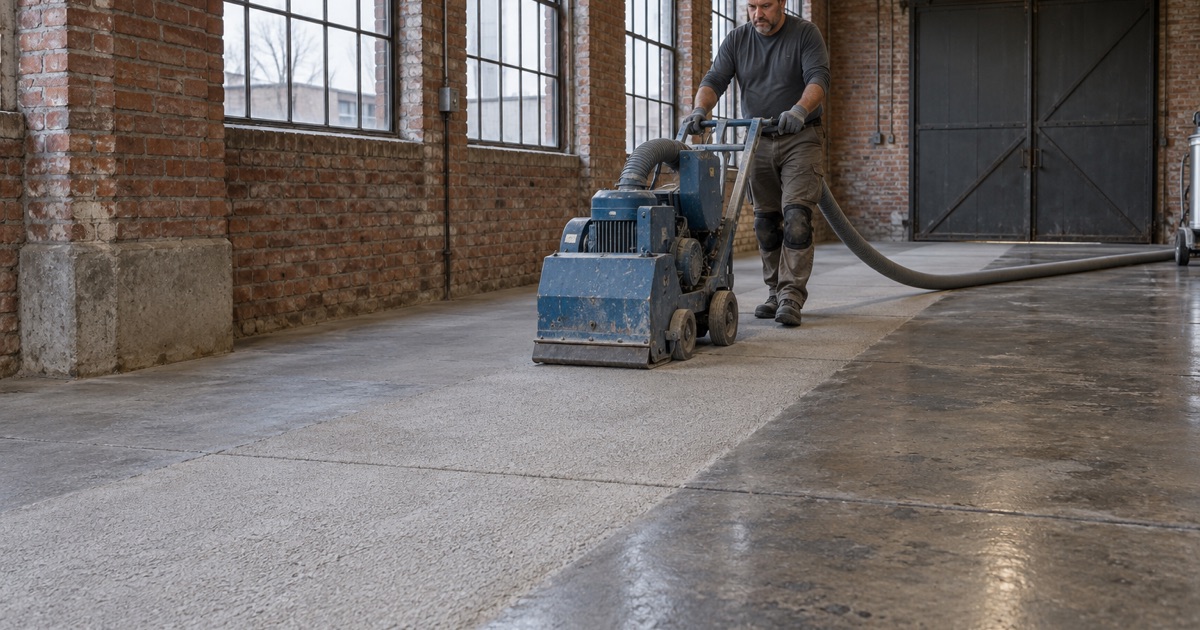 A walk-behind shot blaster opening up an old factory slab in Cicero, a clean blasted lane left behind it.