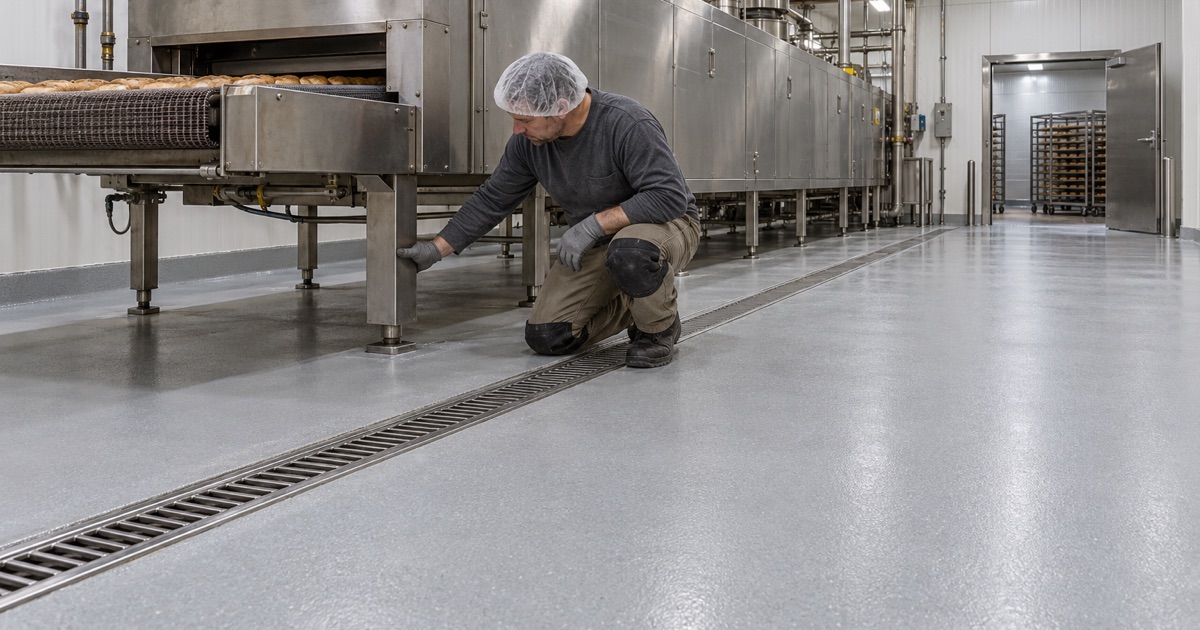 A seamless urethane cement floor at the oven end of a large Alsip bakery, coved up to the wall beside a tunnel oven.
