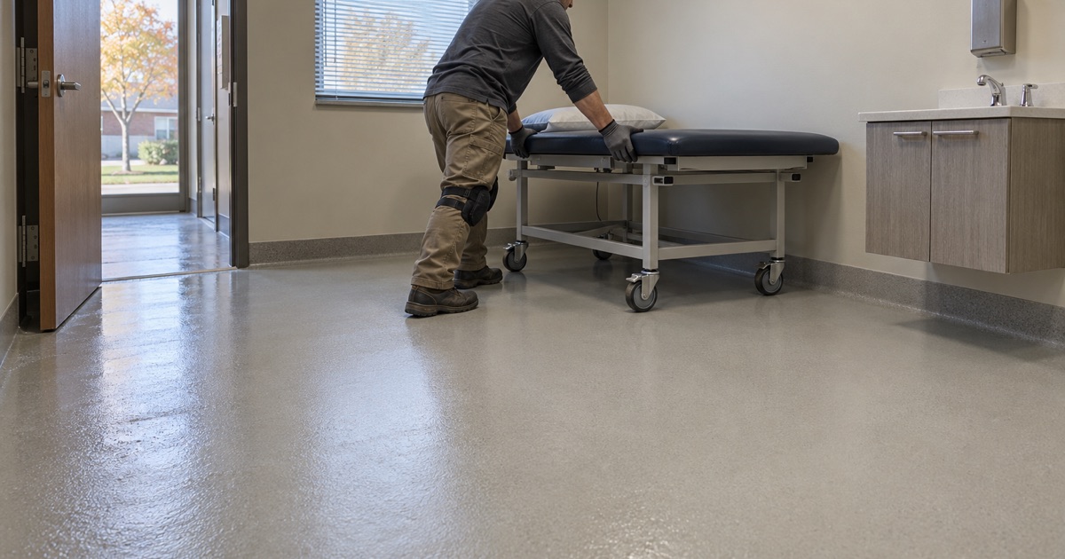A seamless coved treatment room floor in a Bellwood clinic, cleared for mopping