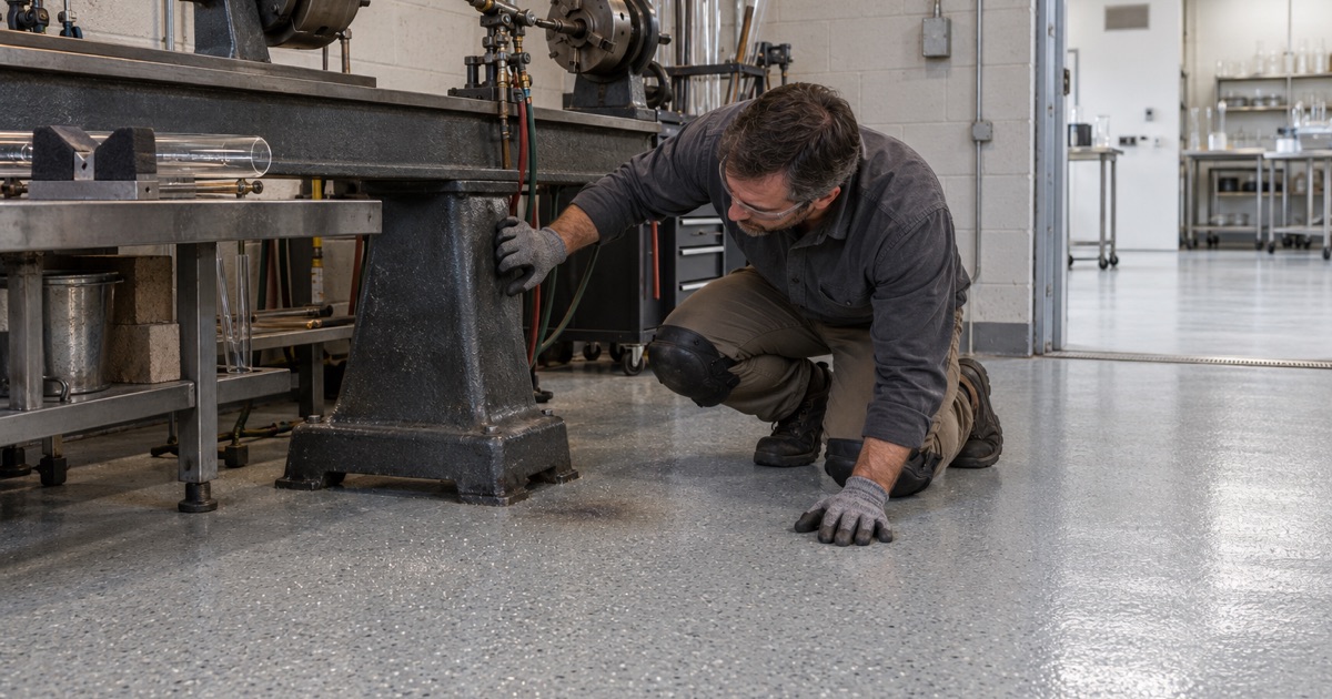 A hard, light gray floor beside a glass lathe in a Bensenville quartz lamp workshop.
