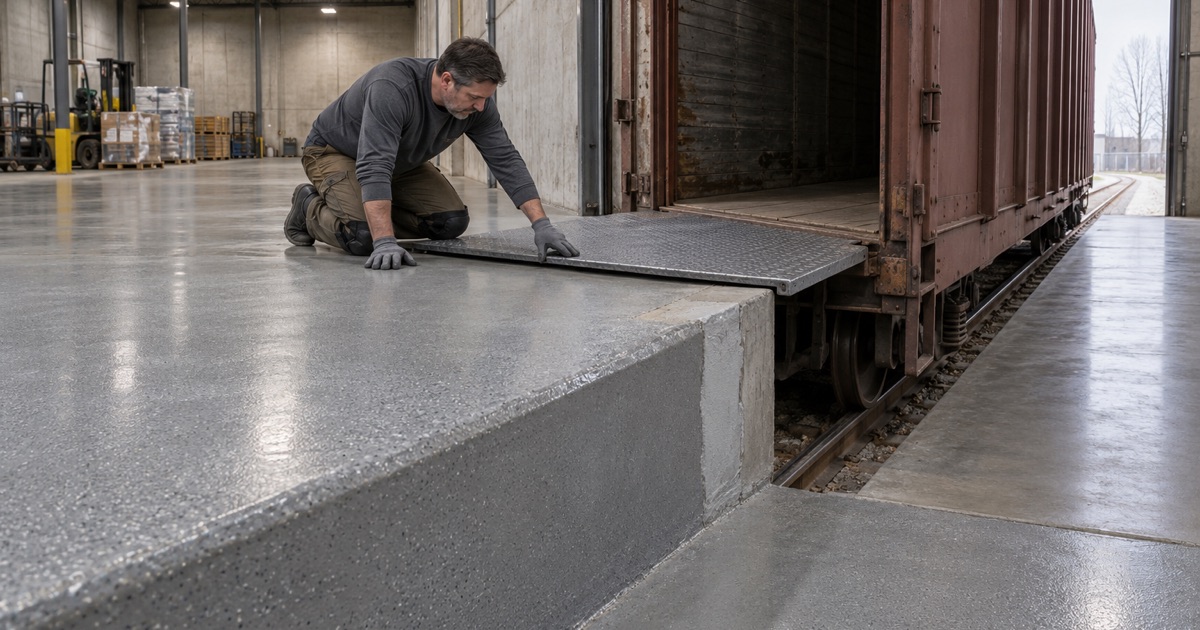 A steel bridge plate checked at the repaired rail dock edge inside a Bridgeview warehouse with track run indoors.