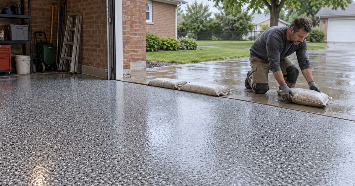 Sandbags cleared from a Brookfield garage threshold, the coating stopped at the apron joint