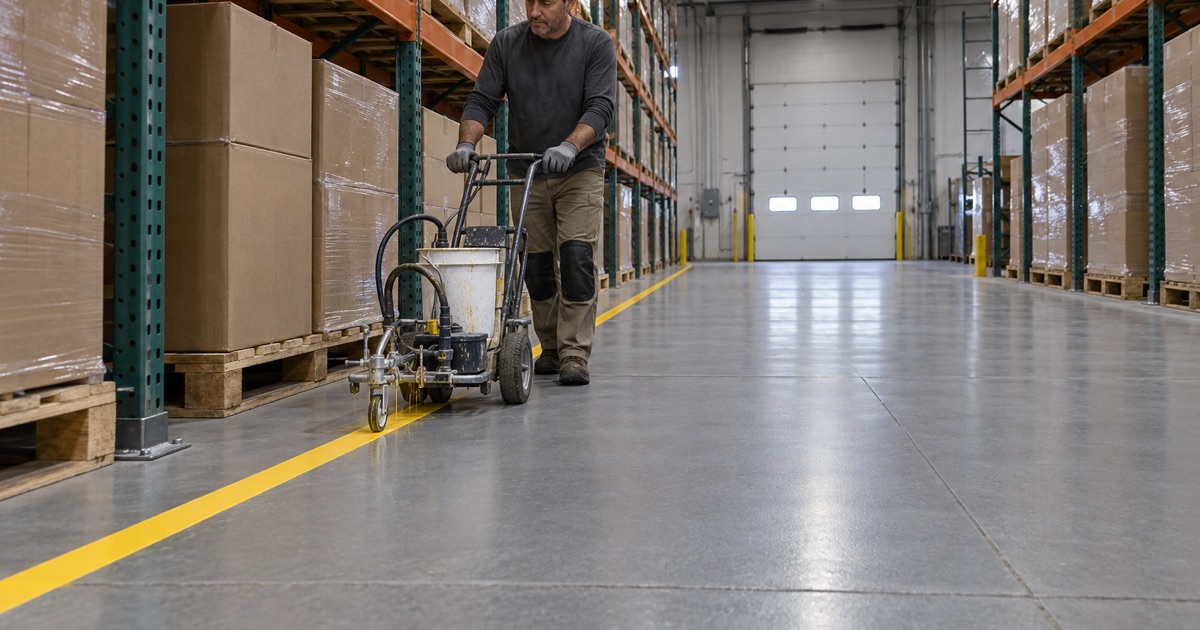 A yellow aisle line laid into a coated floor in a multi-tenant distribution building in Burr Ridge.