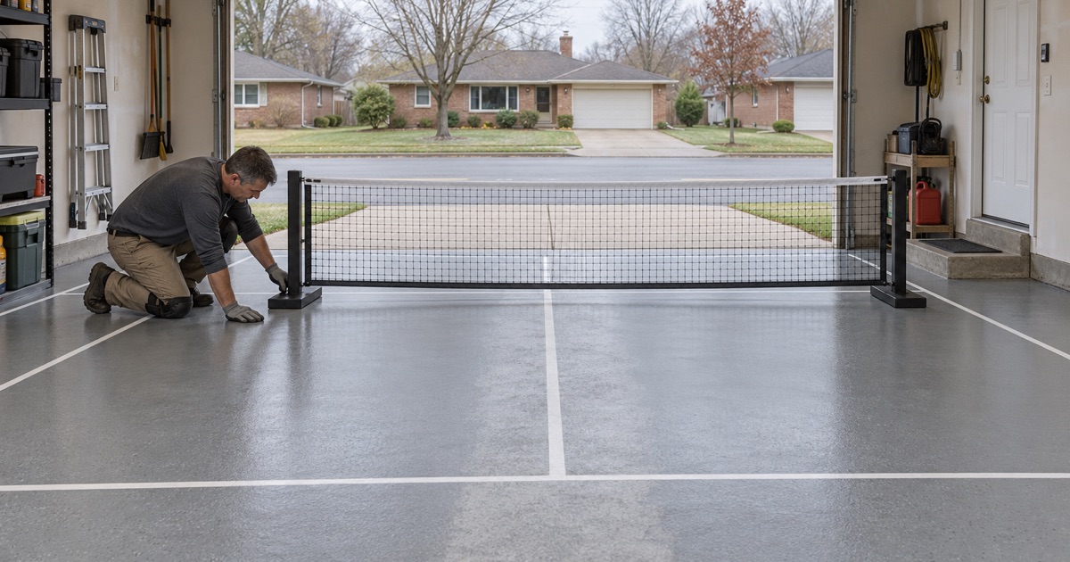 Practice court lines sealed under the topcoat on a Chicago Ridge garage floor