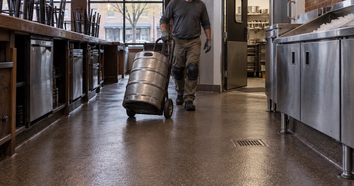 A washable coved floor behind the counter of a Crestwood storefront converted to food service