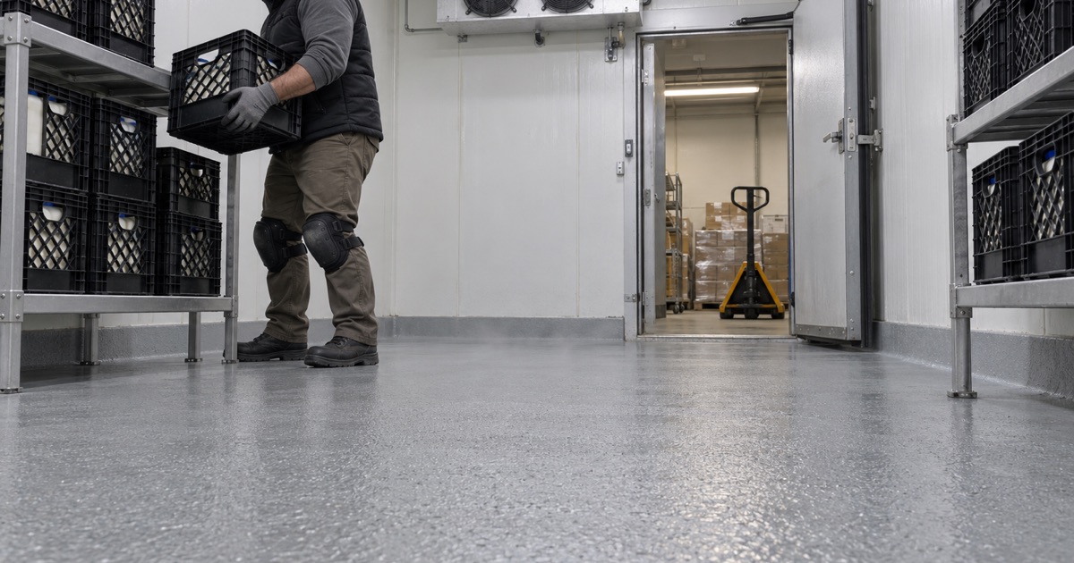 A dairy crate set on the coated floor of a supermarket walk-in cooler in Evergreen Park.