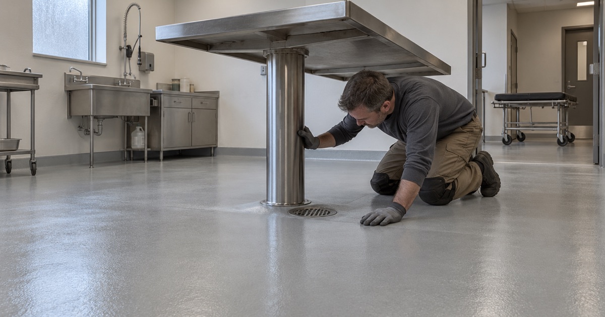 A seamless coved floor sloped to a drain under an empty preparation table in a Forest Park funeral home.
