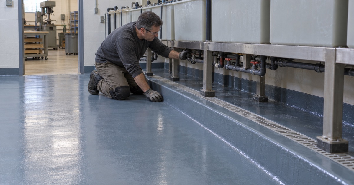 A chemical-resistant coated floor beneath a plating and etch line in a Franklin Park circuit board shop.