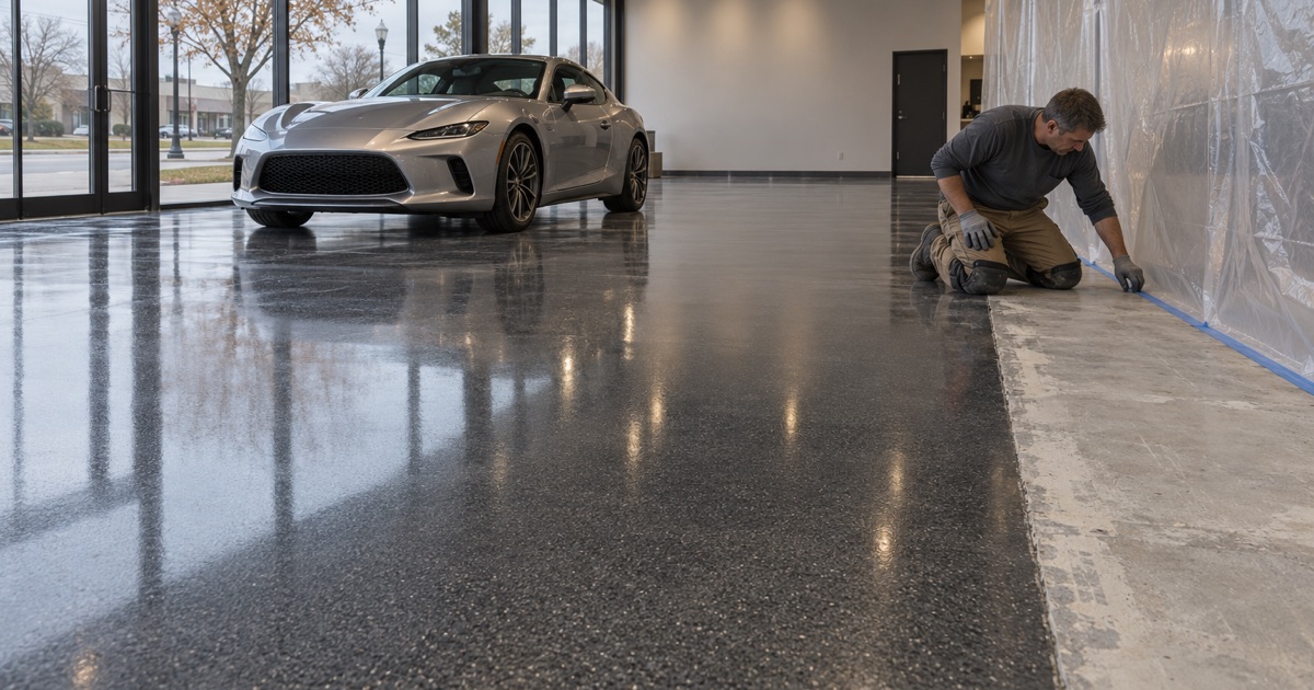 One section of a Hinsdale dealership showroom floor sheeted off for recoating while a car stays on the finished side.