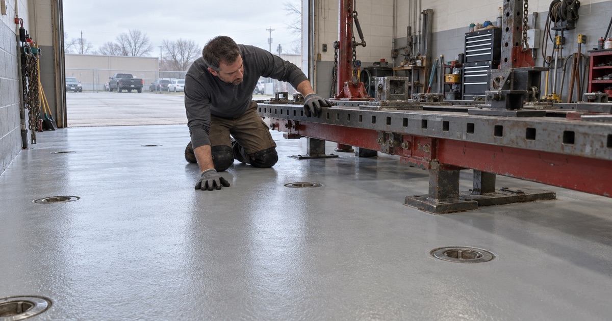 A light gray collision repair floor in Justice, coated tight to the flush steel anchor pots beside a frame rack.