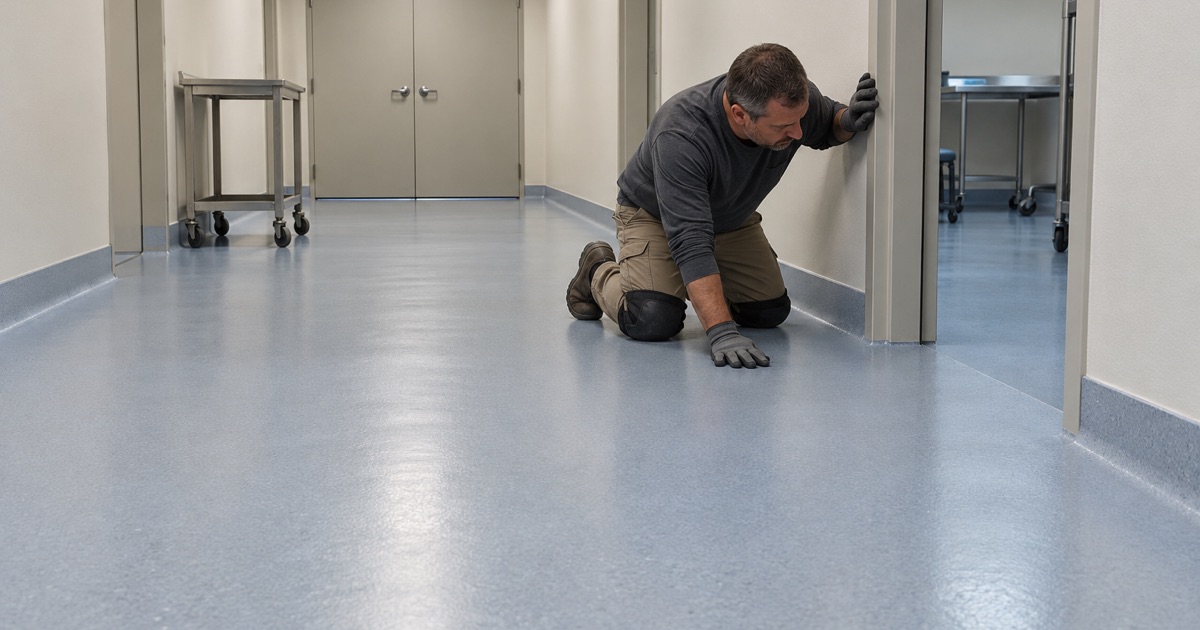 A flush doorway threshold on a seamless coved floor at a Lincolnwood outpatient surgery center.