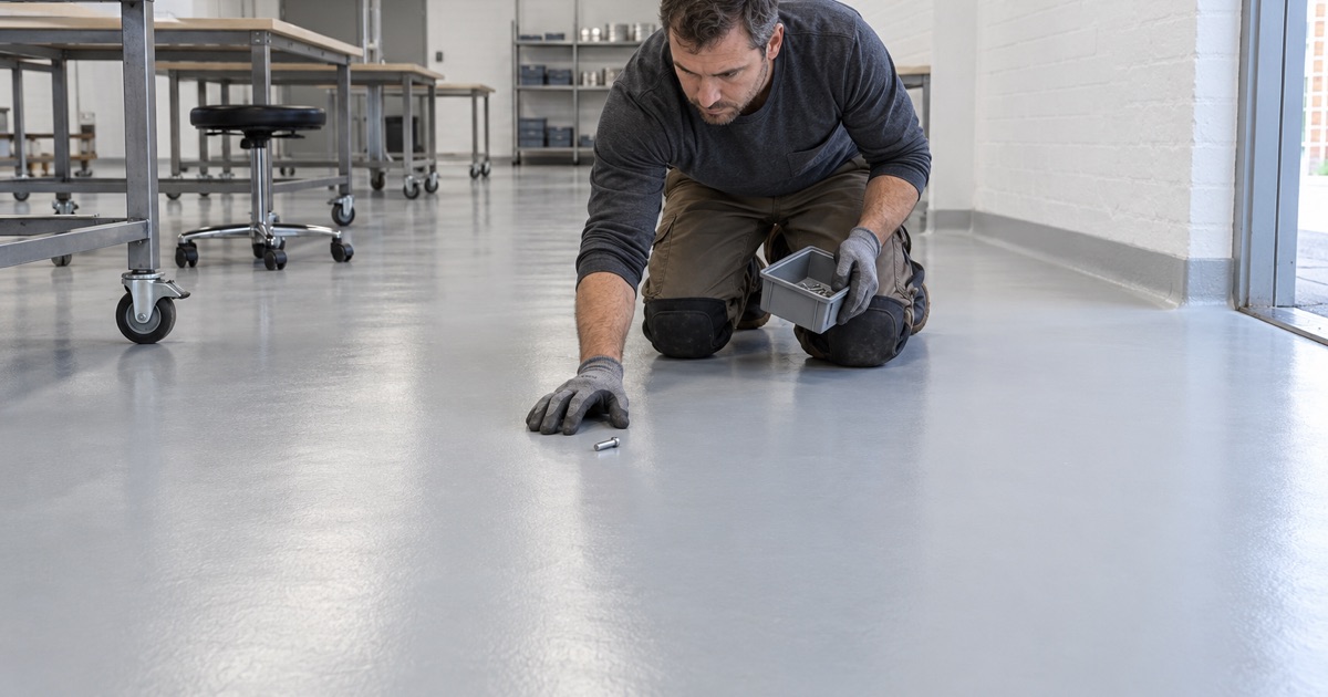 A seamless, coved, light lab floor under rolling tables in Norridge
