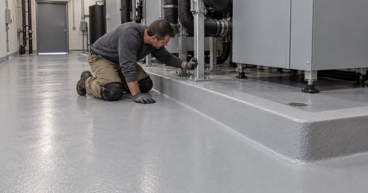 A curbed, coved containment floor around liquid cooling equipment in a Northlake data center.