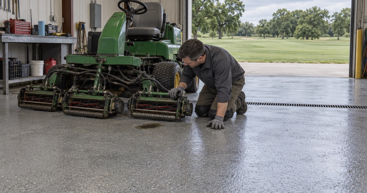A coated shop floor in a Palos Hills golf course maintenance building, checked beside a parked greens mower.