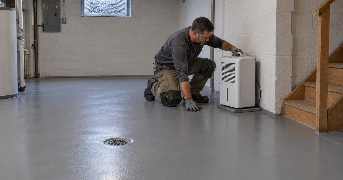 A cleanable coated basement floor sloped to its drain in Summit