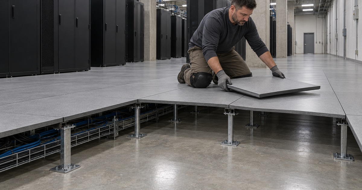 A raised floor panel lifted in a Wood Dale data center to show the sealed concrete plenum slab beneath.