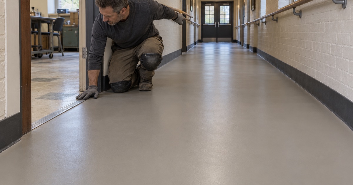 A firm, slip-resistant corridor floor with a beveled doorway transition in a Worth public building