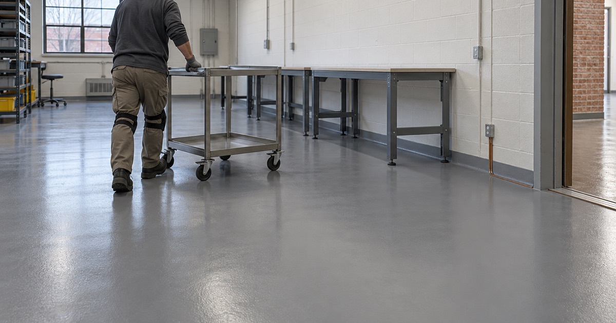 A parts cart rolled across a new static-dissipative floor in a Cicero electronics assembly room.