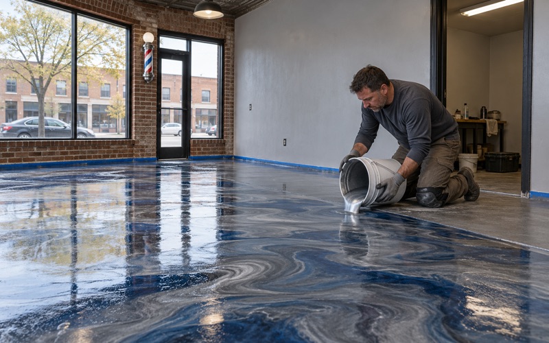 Silver and deep blue metallic epoxy poured in a ribbon across a barbershop floor on a Cicero commercial street.