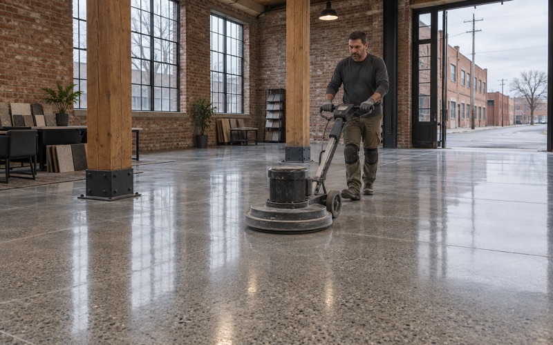 A burnisher bringing up the sheen on a polished concrete floor inside a converted Cicero brick factory showroom.