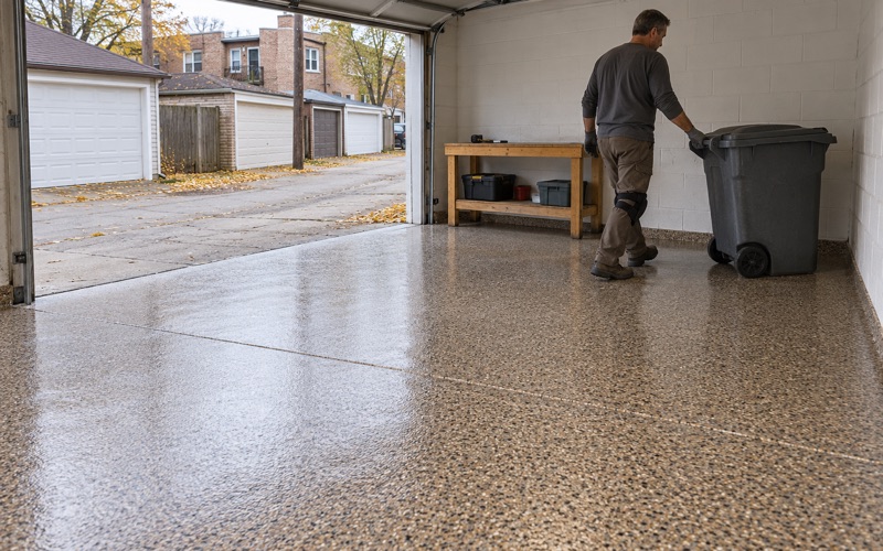 A garbage cart rolled back into a Cicero alley garage the same afternoon its polyaspartic flake floor went down.